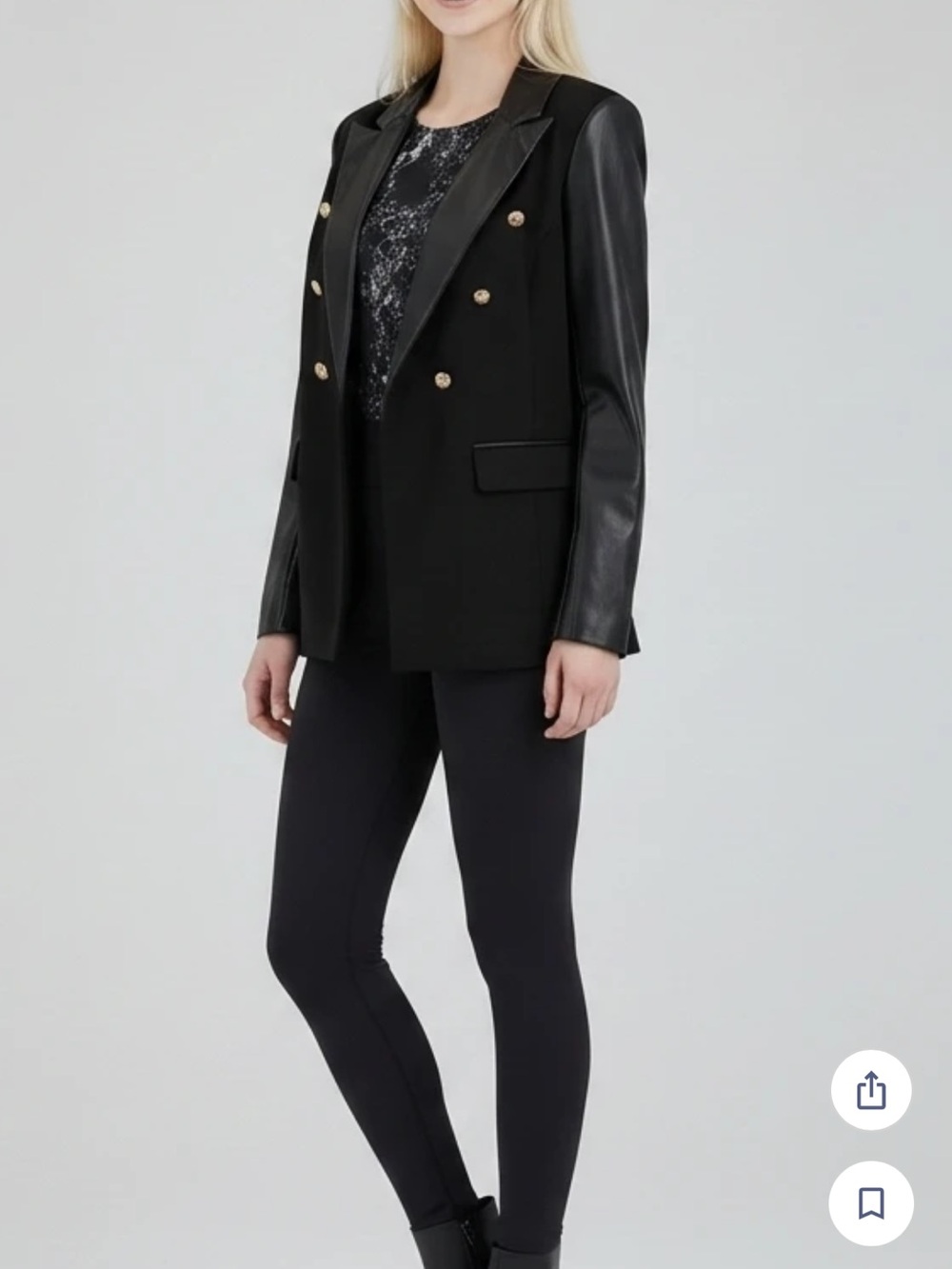 Rachel Zoe Black Double-breasted
with Faux Leather Lapels & Sleeves Gold Buttons